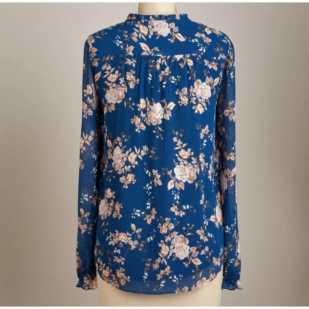 Sundance Highland Garden Silk Tunic Blouse Floral Sz XL Blue Pullover Sheer $138 - Picture 3 of 16